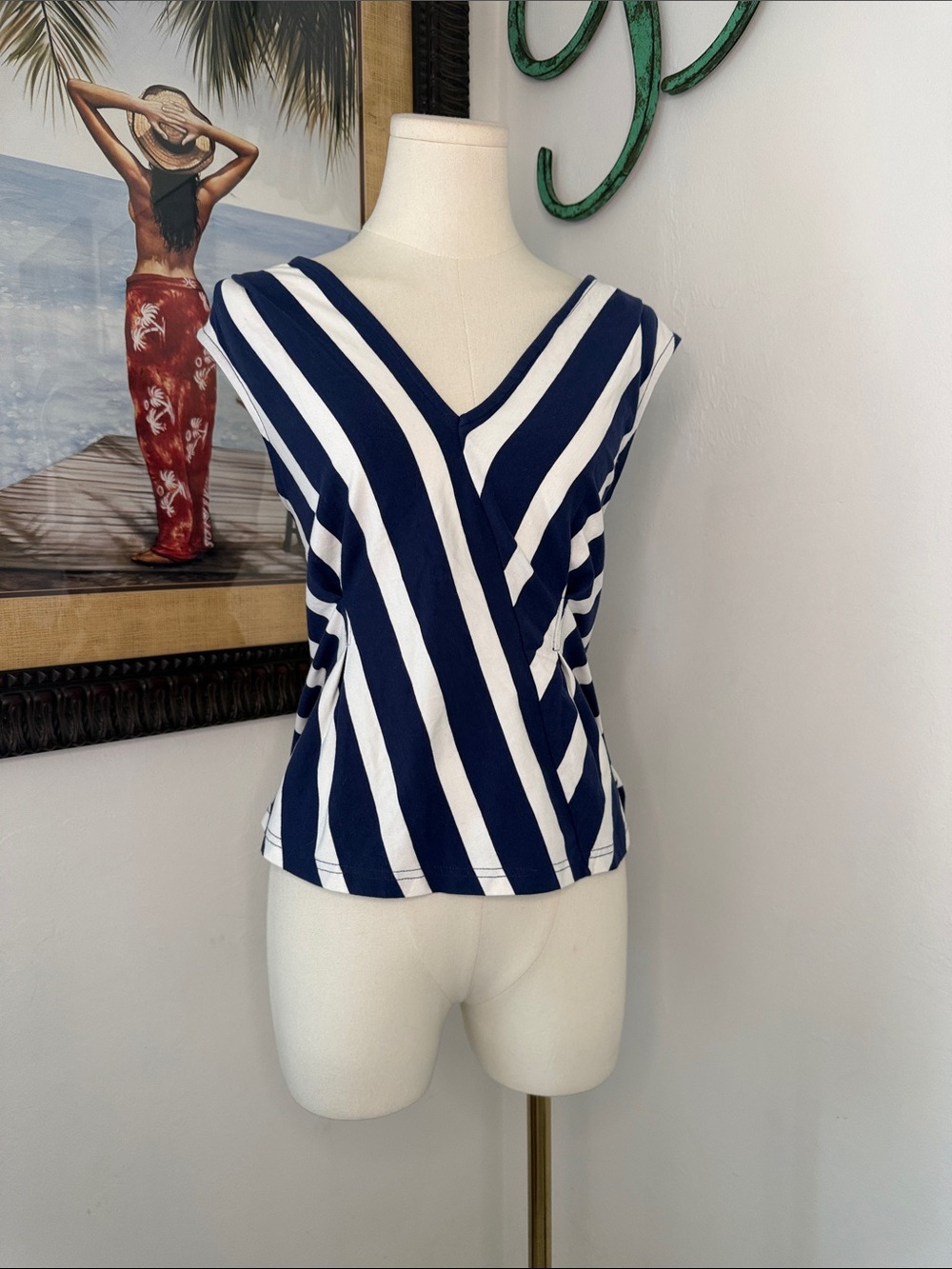 Anthropologie Maave Navy and White Diagonal Stripe V-Neck Tank